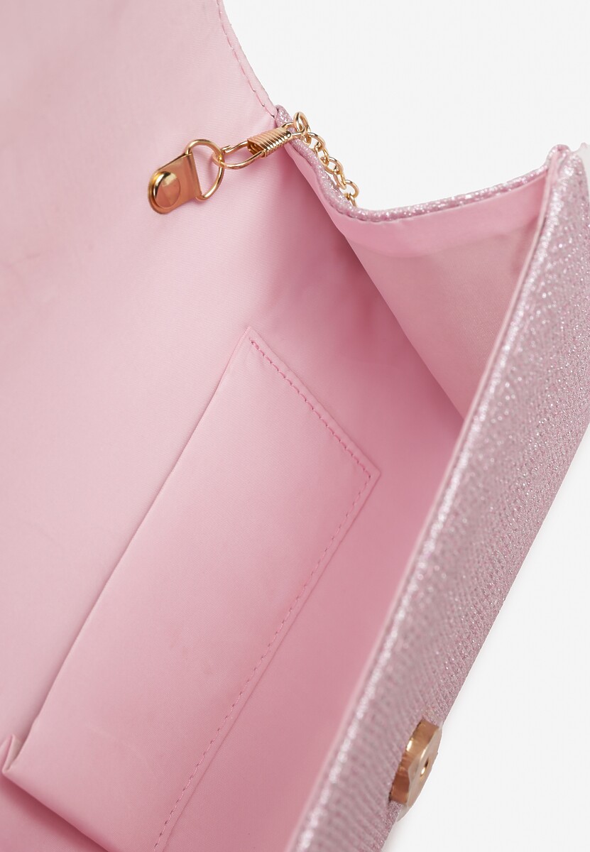 Różowa Torebka Kopertówka z Łańcuszkiem Zdobiona Brokatem i Aplikacją Galilena