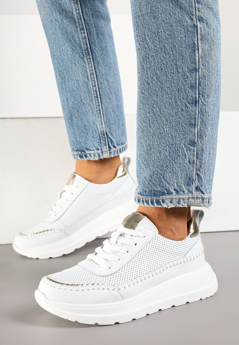 Biało-Złote Sneakersy Skórzane Ozdobione Metalicznymi Wstawkami i Przeszyciami Renosa