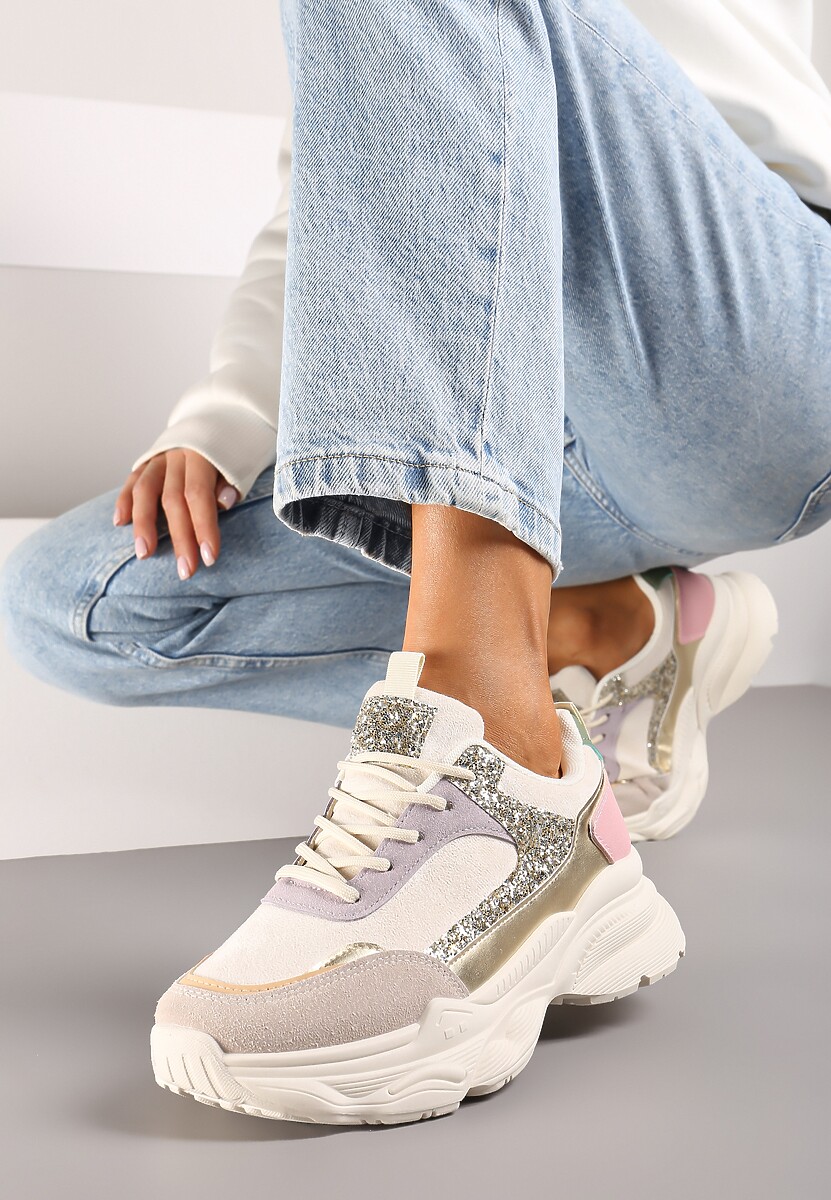 Beżowo-Różowe Sneakersy na Platformie z Tłoczeniem Ozdobione Cekinami Narisae