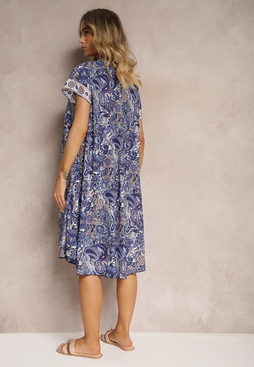 Granatowa Sukienka Boho z Wiskozy z Cienkim Paskiem w Talii Rivasea