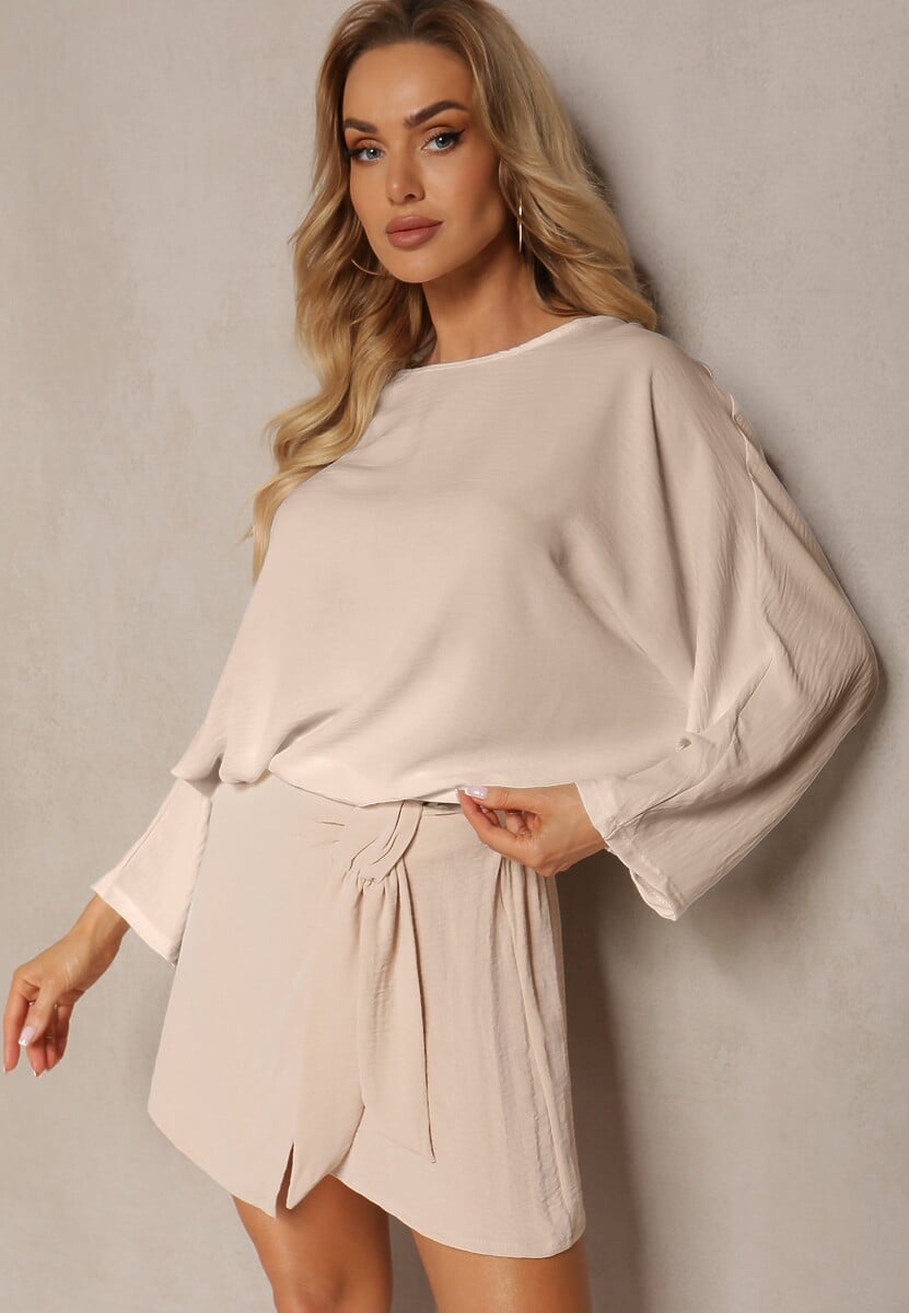 Beżowe Szorty z Gumką w Talii i Lampasami z Falbanką o Asymetrycznym Wykończeniu Laventa