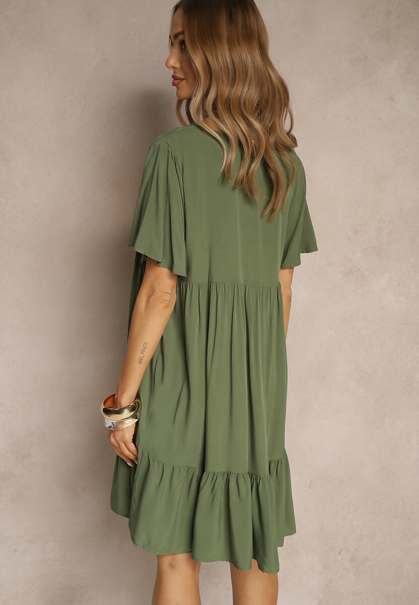 Ciemnozielona Bawełniana Sukienka Rozkloszowana z Wiązaniem przy Dekolcie Mepova