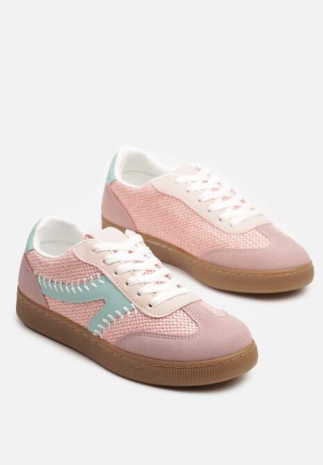Różowe Sneakersy w Stylu Klasycznych Tenisówek Zdobione Przeszyciami i Tweedem Koriznne