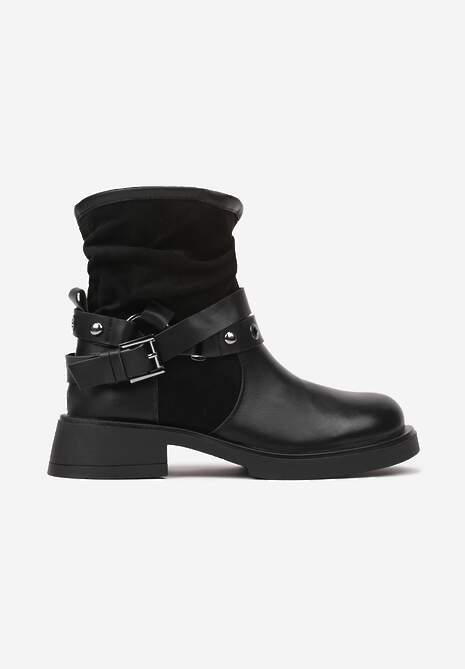 Czarne Marszczone Botki z Ozdobnymi Paskami z Klamrami Cyredi