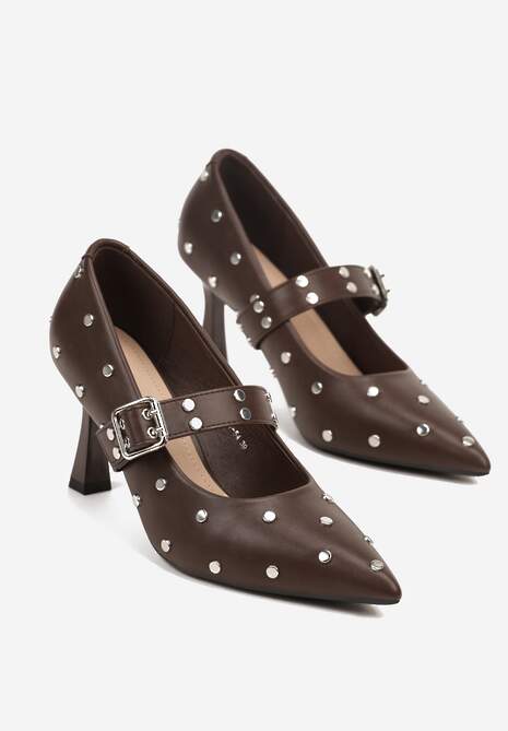 Brązowe Czółenka Vices na Szpilce z Wkładką ze Skóry Naturalnej Ozdobione Nitami Rileinea