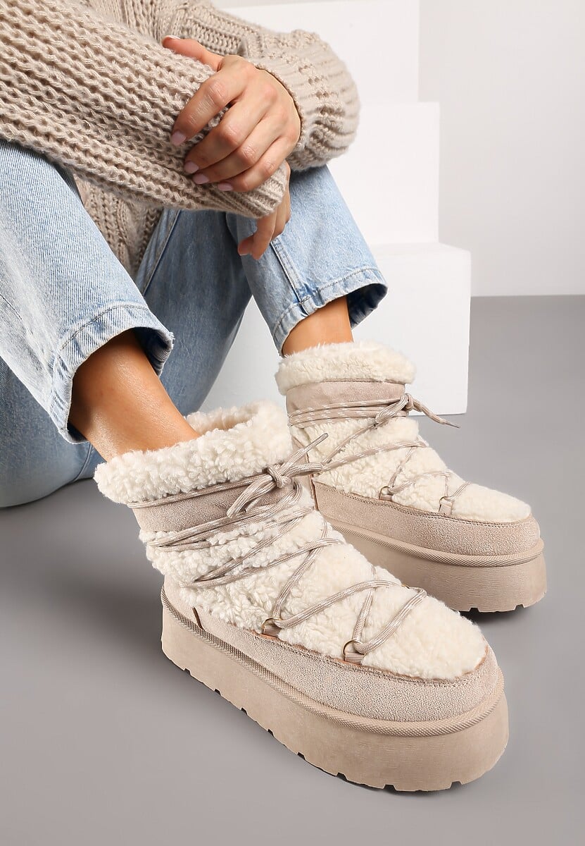 Beżowe Futerkowe Śniegowce Sznurowane na Grubej Podeszwie Werira