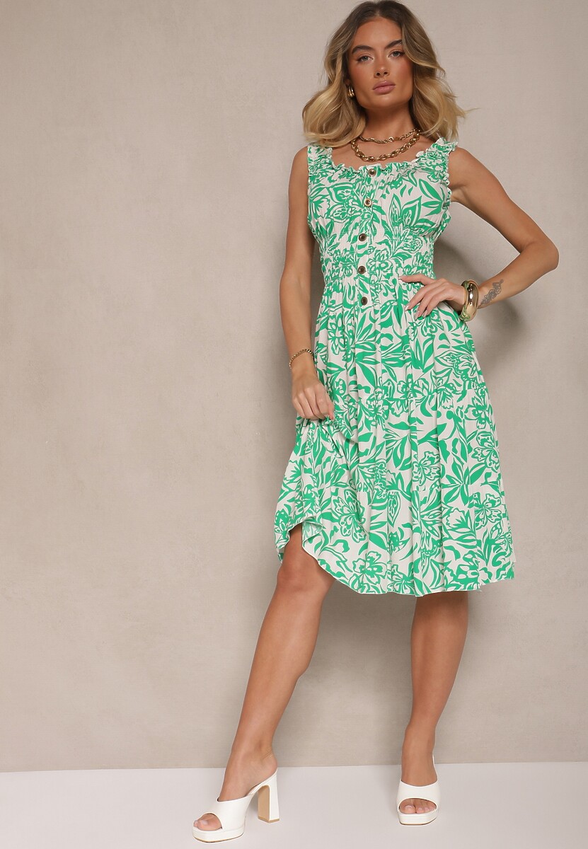 Zielona Rozkloszowana Sukienka z Bawełny z Guzikami Lisanissea