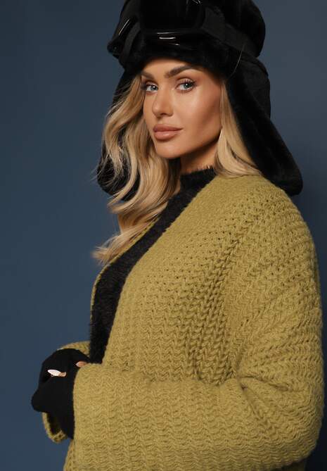 Zielony Kardigan Bez Zapięć Zdobiony Luźnym Splotem i Wsuwanymi Kieszeniami Calineth