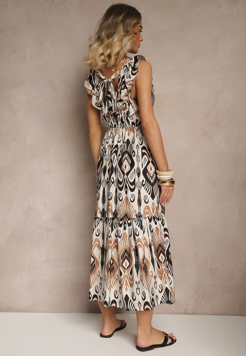 Czarna Sukienka Rozkloszowana Wiskozowa Wiązana na Plecach we Wzór Boho Turieza