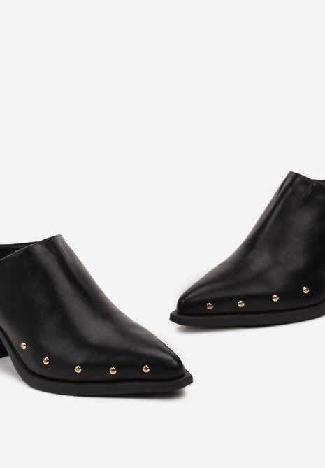 Czarne Klapki Mule w Szpic na Słupku Ozdobione Nitami Esalena