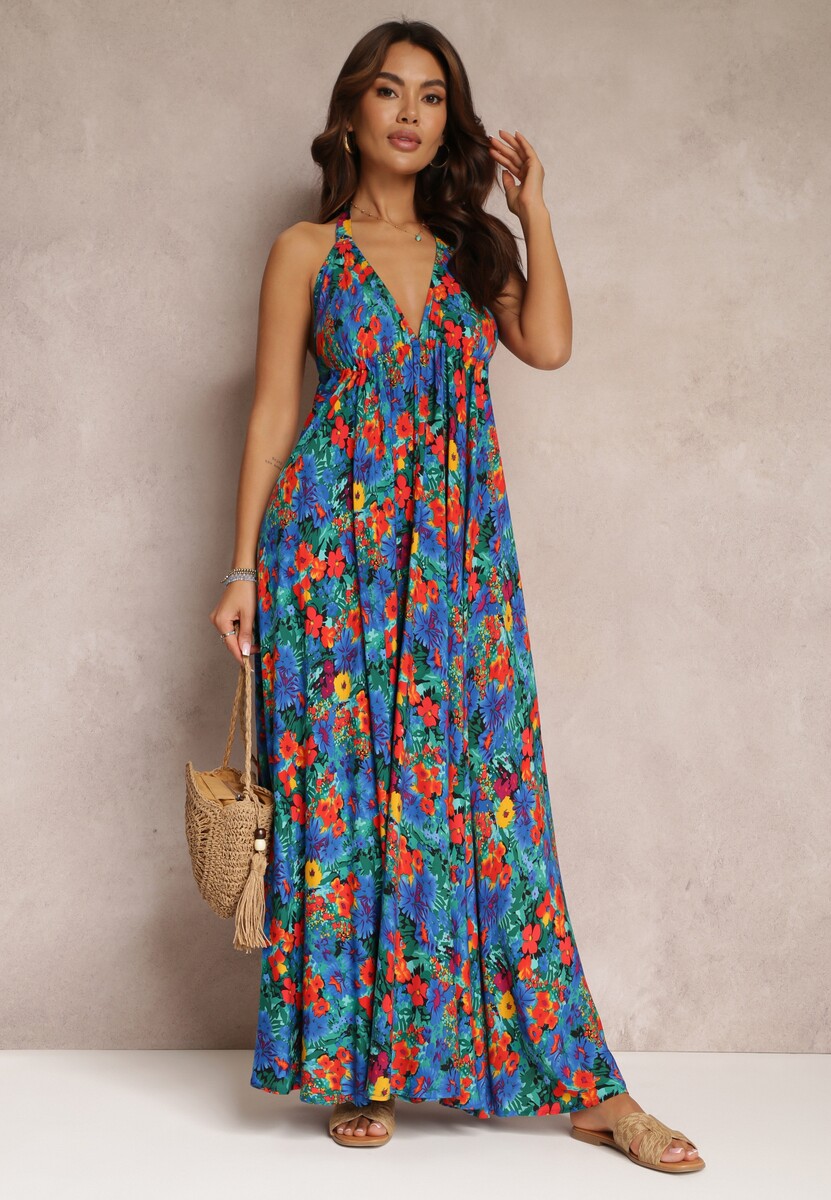 Niebieska Kwiecista Sukienka Maxi z Wiskozy z Wiązaniem na Szyi i Plecach Lunka