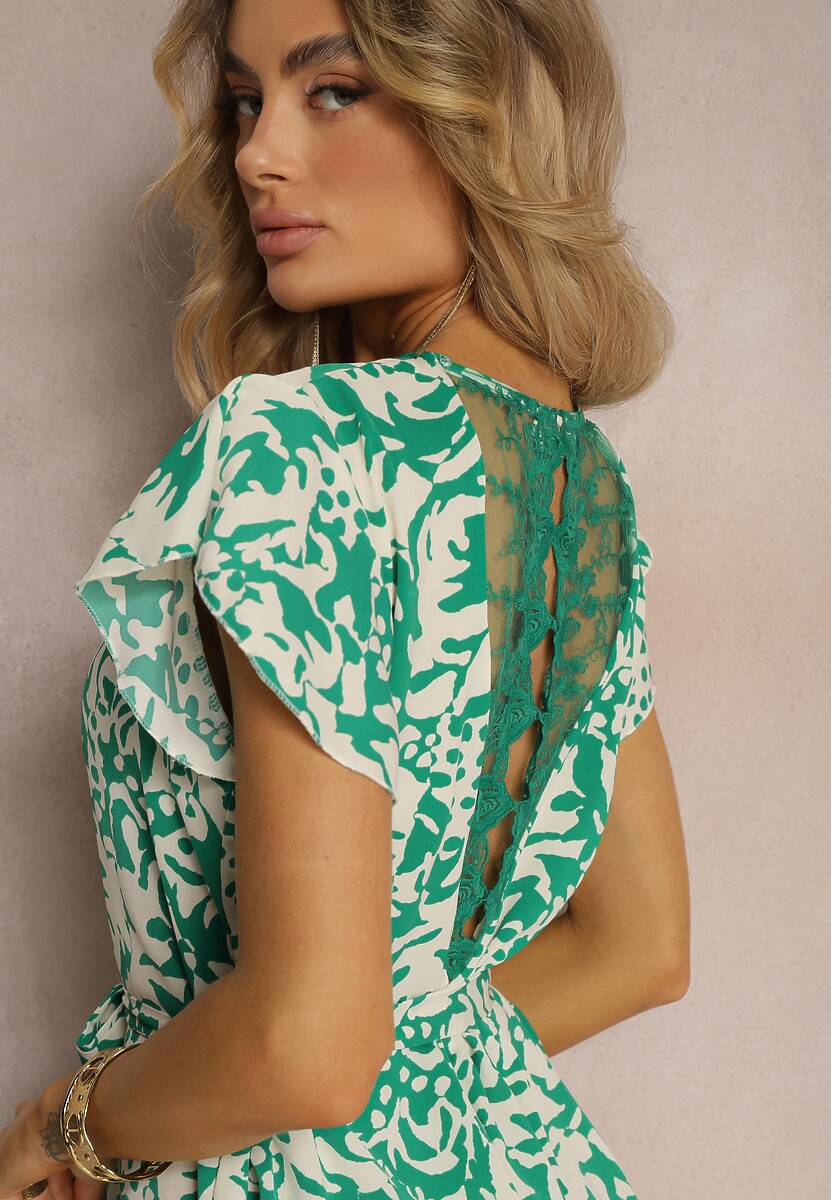 Zielona Sukienka z Dekoltem z Siateczką z Krótkim Rękawem i Materiałowym Paskiem Mleasa