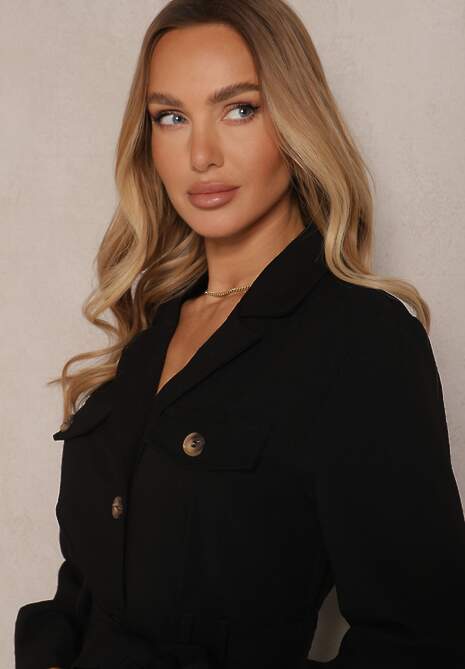 Czarny Długi Kombinezon w Stylu Utility Wiązany w Talii Daneloria