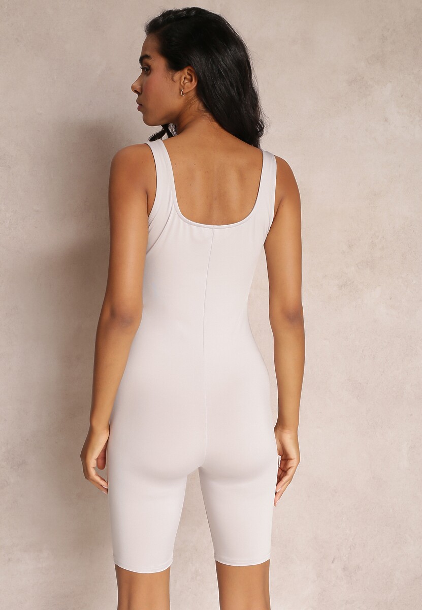 Jasnobeżowy Krótki Kombinezon Dzianinowy na Ramiączkach Deramine