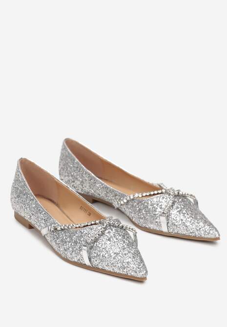 Srebrne Balerinki ze Szpiczastym Noskiem  i Ozdobnym Paskiem z Cyrkoniami Tinara