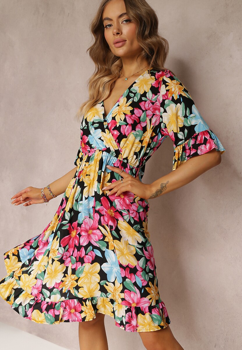 Czarno-Żółta Rozkloszowana Sukienka Mini z Kopertową Górą i Gumką w Talii z Wiskozy Elidi