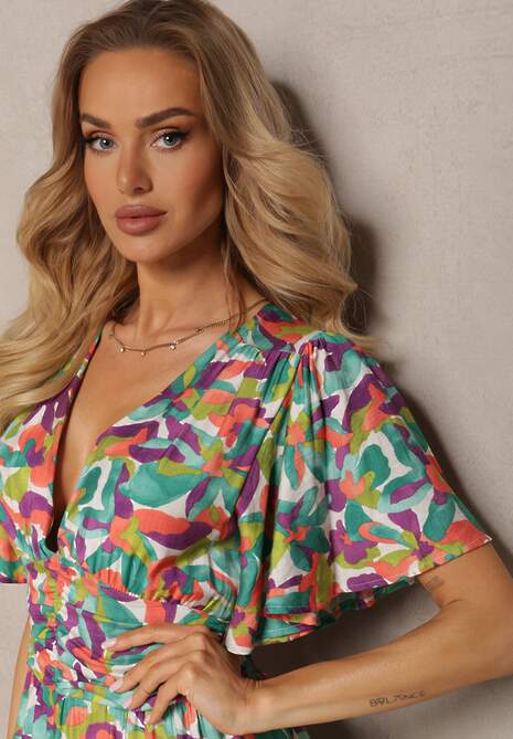 Zielono-Fioletowa Wiskozowa Sukienka z Gumką w Talii z Ozdobnymi Marszczeniami i Rozcięciem Glara