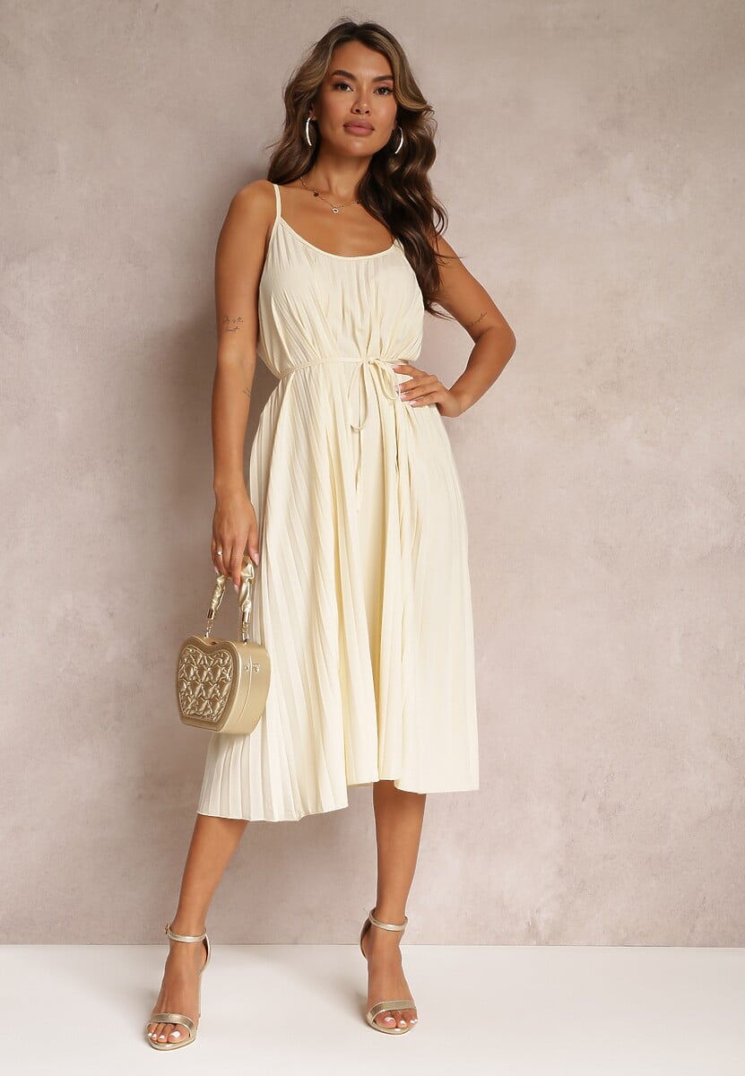 Jasnobeżowa Letnia Sukienka Ozdobiona Plisowaniem i Wiązaniem w Pasie Aziel