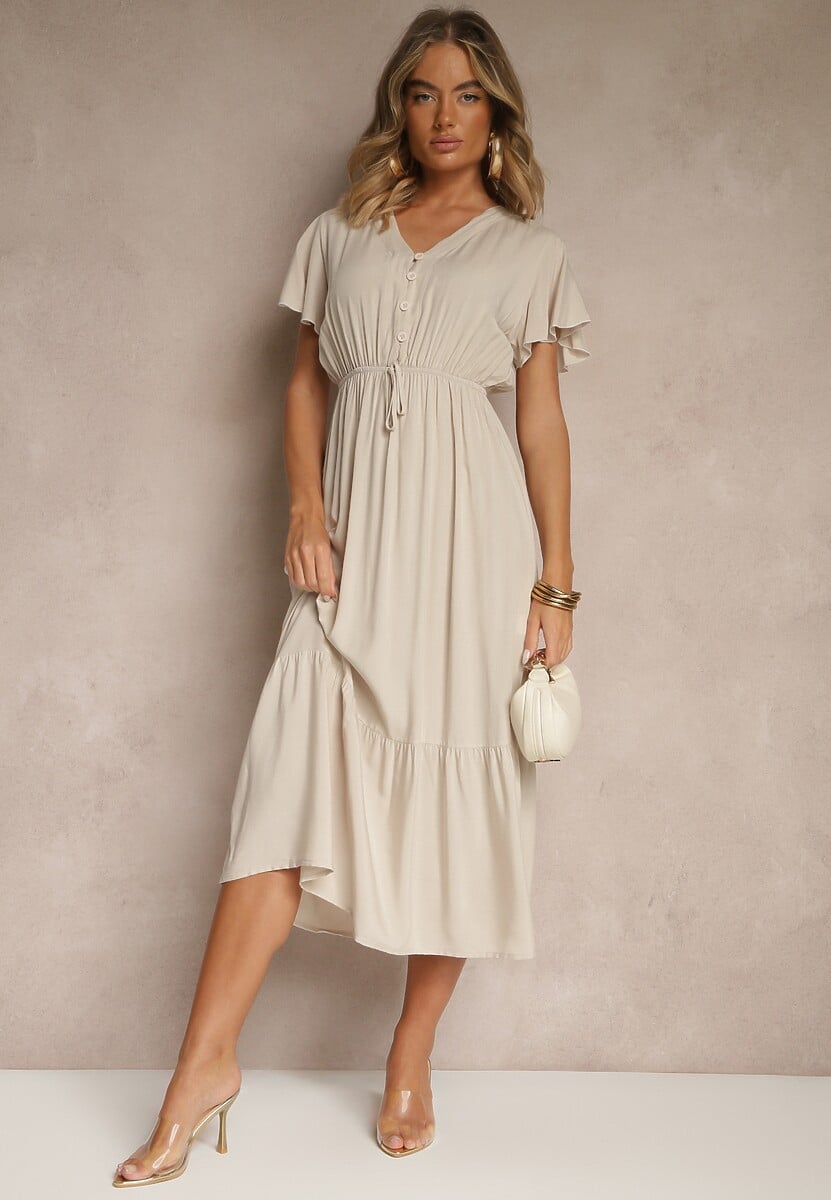 Beżowa Rozkloszowana Sukienka z Bawełny Zdobiona Guzikami Folennea