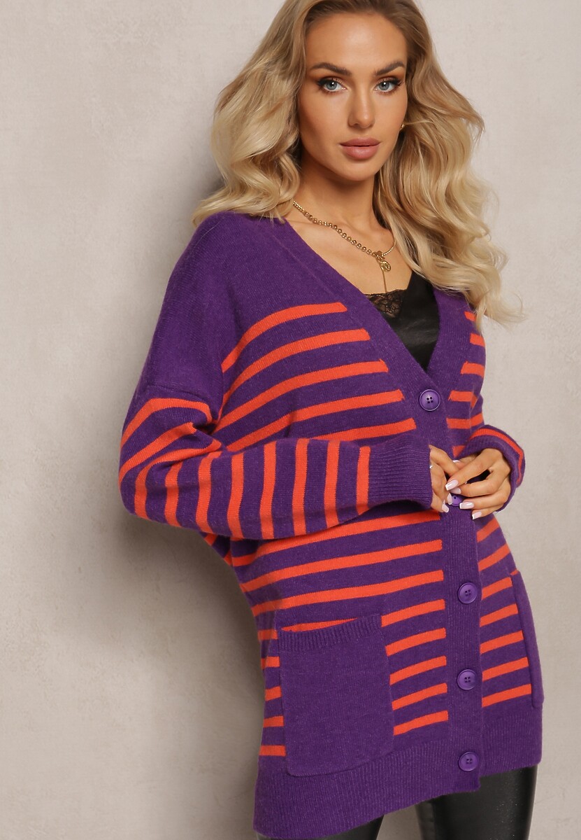 Zielony Kardigan w Paski o Wydłużonym Fasonie z Dekoltem V Zapinany na Guziki Ravime