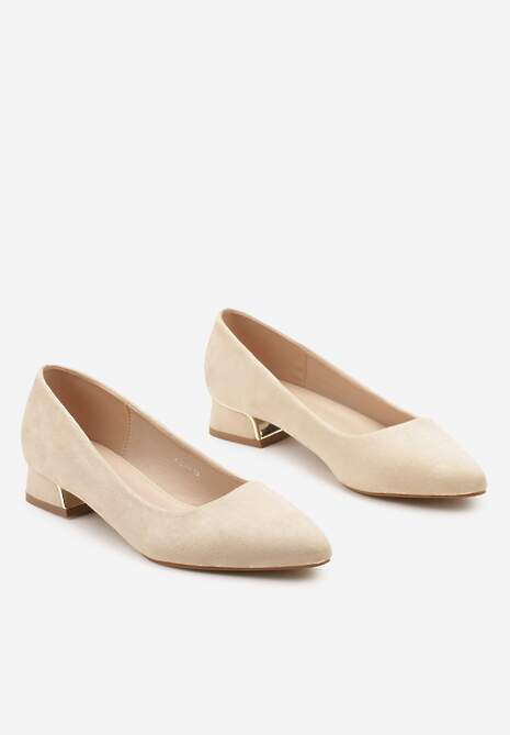 Beżowe Czółenka na Słupku Ozdobione Metaliczną Ozdobą Panesha