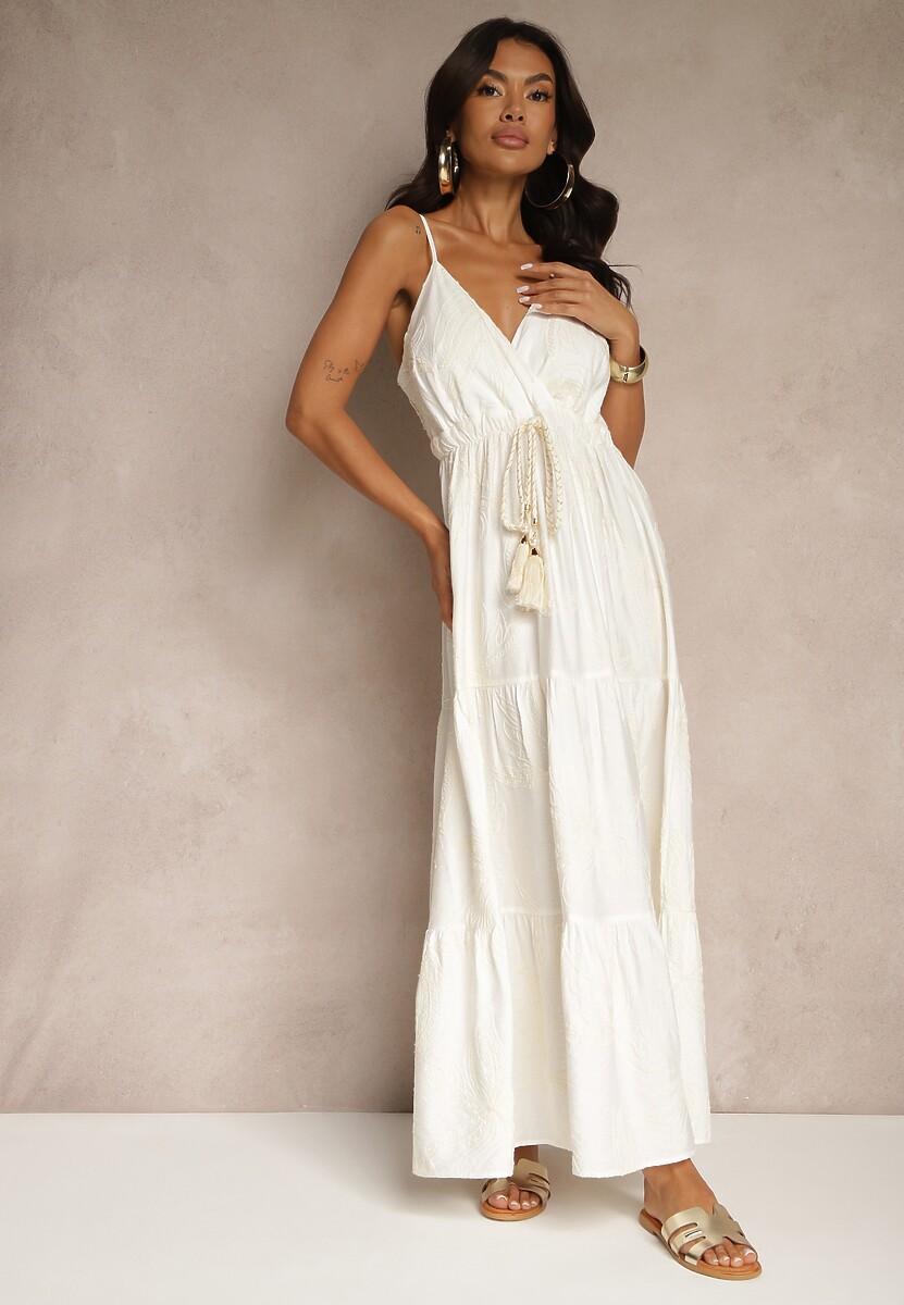 Biała Sukienka z Wiskozą ze Sznurkiem i Haftowanym Wzorem Liralette