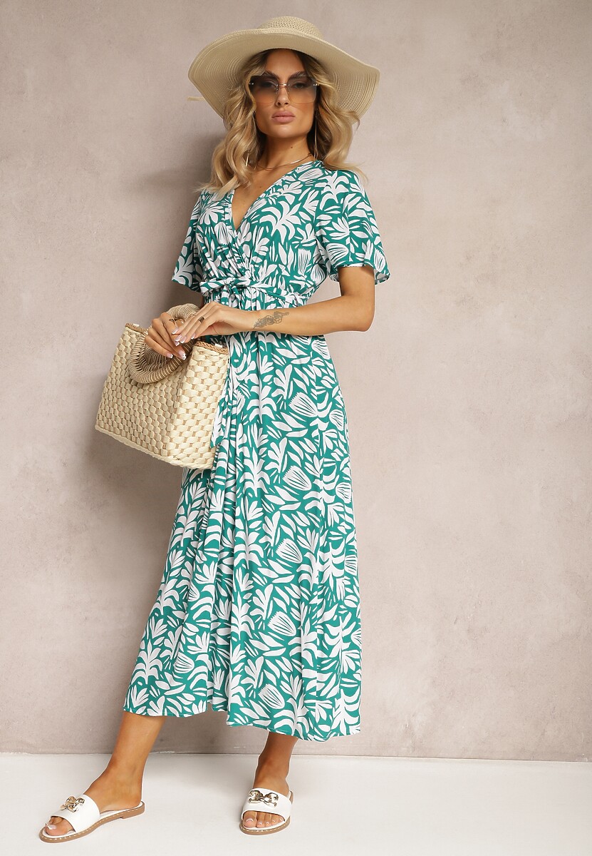 Zielona Wiskozowa Sukienka z Kopertowym Dekoltem z Gumką w Pasie i Materiałowym Dekoltem Gilemia