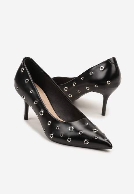 Czarne Czółenka na Szpilce Vices Ozdobione Nitami z Wkładką ze Skóry Naturalnej Rilinessa