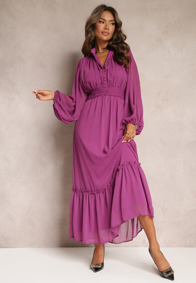 Fioletowa Rozkloszowana Sukienka Maxi ze Stójką i Falbanką Camillene