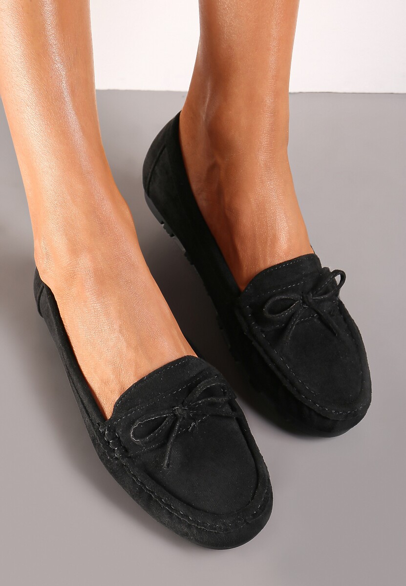 Czarne Płaskie Mokasyny z Imitacji Zamszu z Kokardką Vlinve