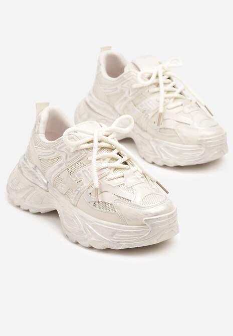 Beżowe Sneakersy na Platformie z Tłoczonym Wzorem Larrisna