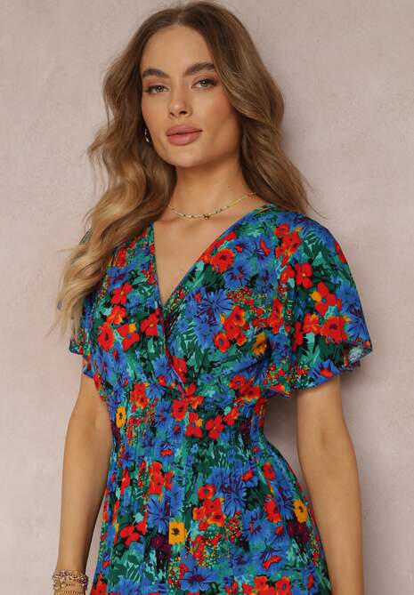 Niebieska Rozkloszowana Sukienka Maxi z Gumką w Pasie z Wiskozy Femia