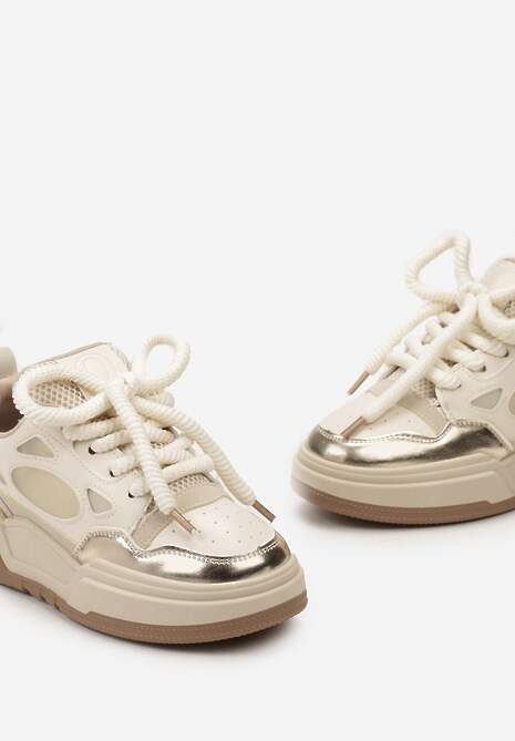 Beżowe Sneakersy na Niskiej Platformie z Grubymi Sznurowadłami Vansyla