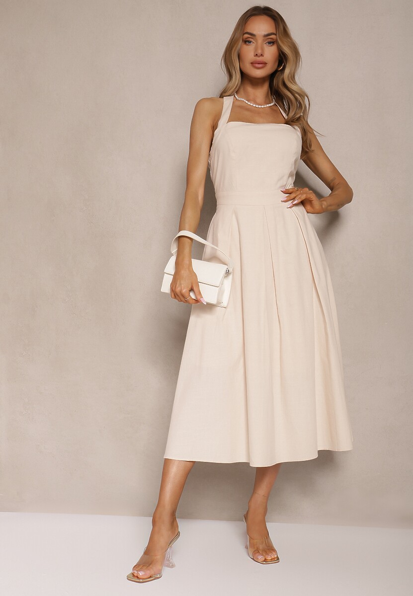 Granatowa Rozkloszowana Sukienka z Bawełną i Wiskozą na Szyję Kinulia