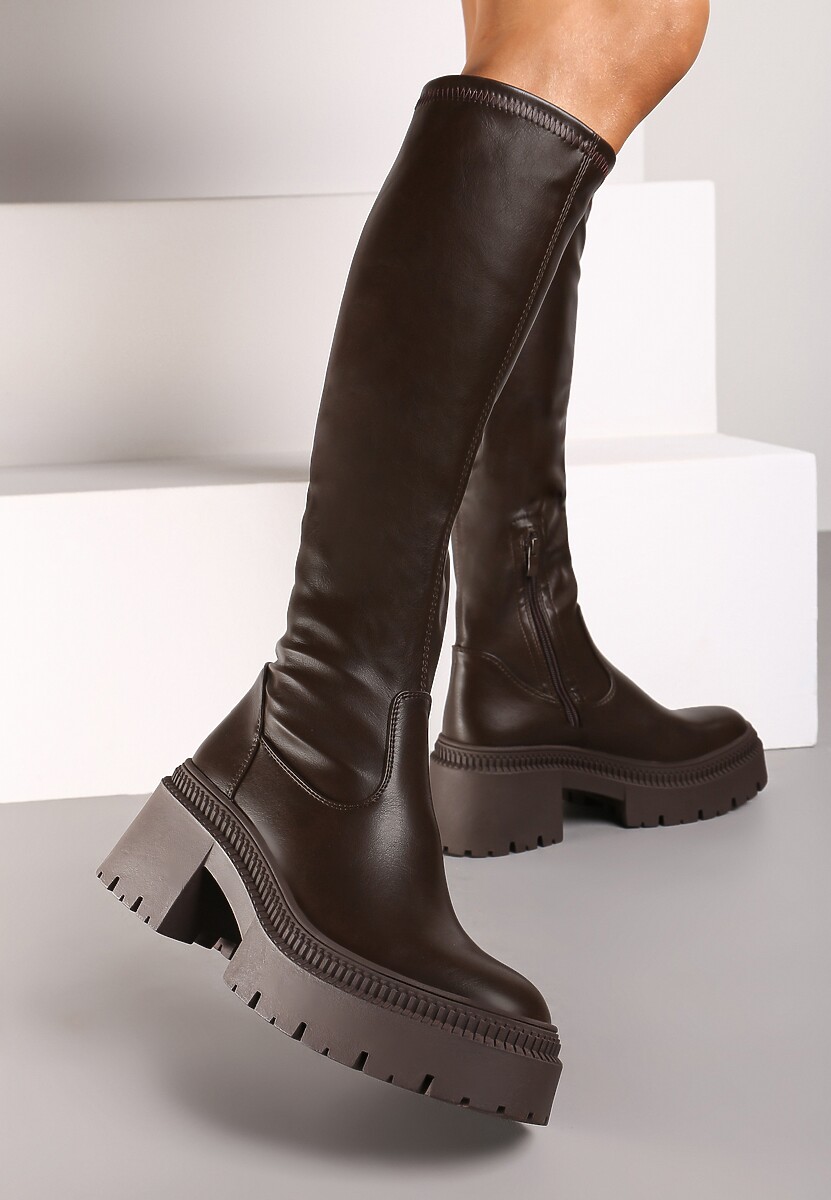 Brązowe Kozaki na Obcasie Typu Słupek z Wysoką Dopasowaną Cholewką Laoliana