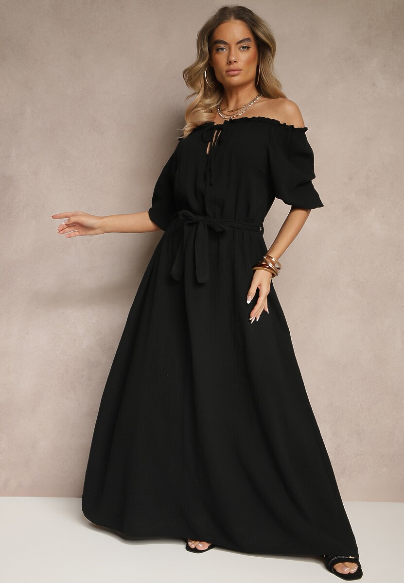 Biała Bawełniana Sukienka z Muślinu Wiązana przy Dekolcie z Paskiem i Gumką w Talii Tasda