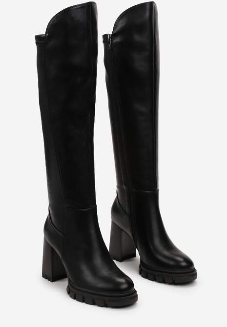 Czarne Dopasowane Kozaki za Kolano na Słupku z Niską Platformą Jonvale