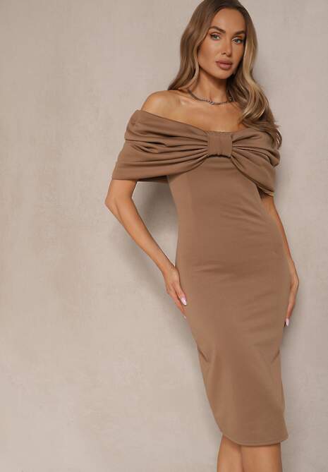 Brązowa Sukienka Taliowana z Kokardą w Formie Hiszpanki o Dopasowanym Kroju Paladwena