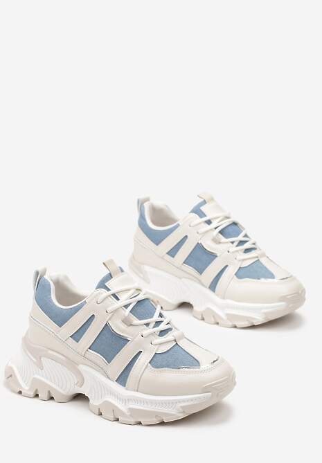 Beżowo-Niebieskie Sznurowane Sneakersy na Grubej Podeszwie ze Wstawkami i Brokatem Widgeta