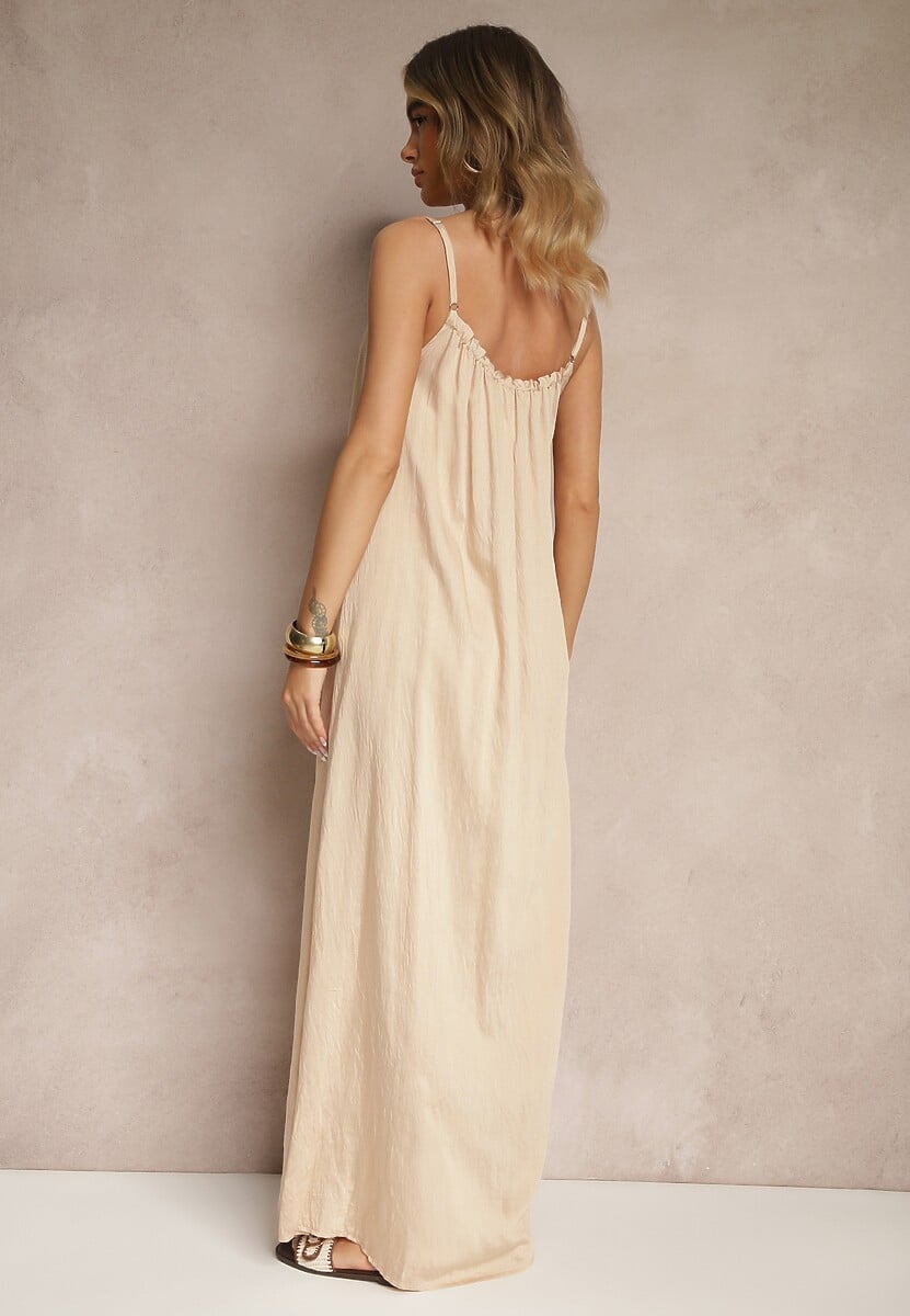 Beżowa Sukienka o Rozkloszowanym Kroju z Elastycznym Dekoltem Revore