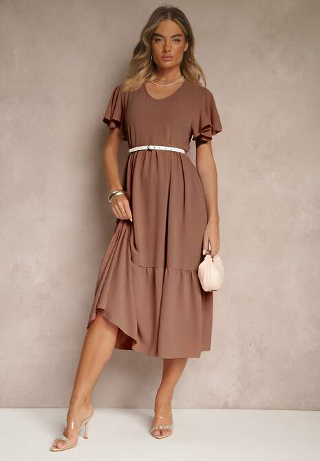 Brązowa Rozkloszowana Sukienka z Wiskozą w Casualowym Stylu Filarenna