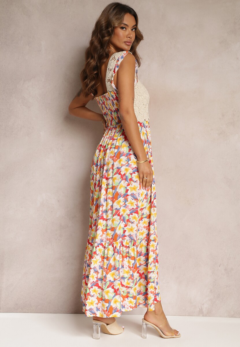 Żółto-Czerwona Maxi Wiskozowa Sukienka Maxi w Kwiaty z Kwadratowym Dekoltem Alten