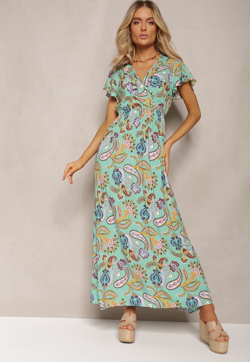 Miętowa Letnia Sukienka z Gumką w Talii z Wiskozy Ozdobiona Wzorem Paisley Uviana
