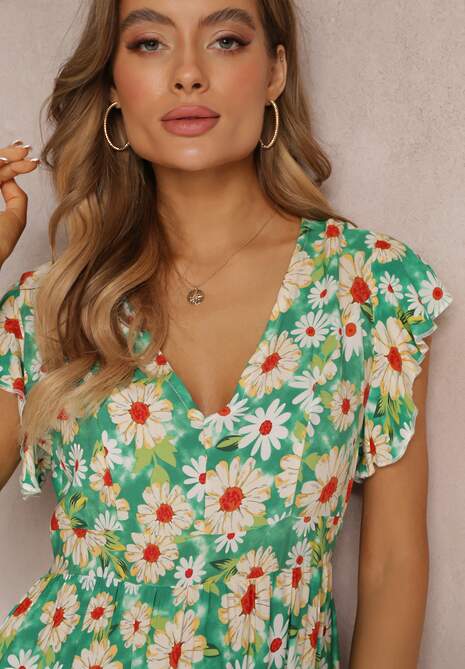 Jasnozielona Taliowana Sukienka Mini w Kwiaty z Gumką w Talii Teziovi