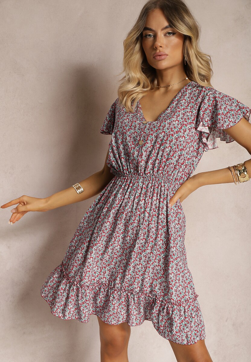 Bordowa Sukienka z Bawełny w Kwiaty z Gumką w Talii Ozdobiona Falbanami Neliera