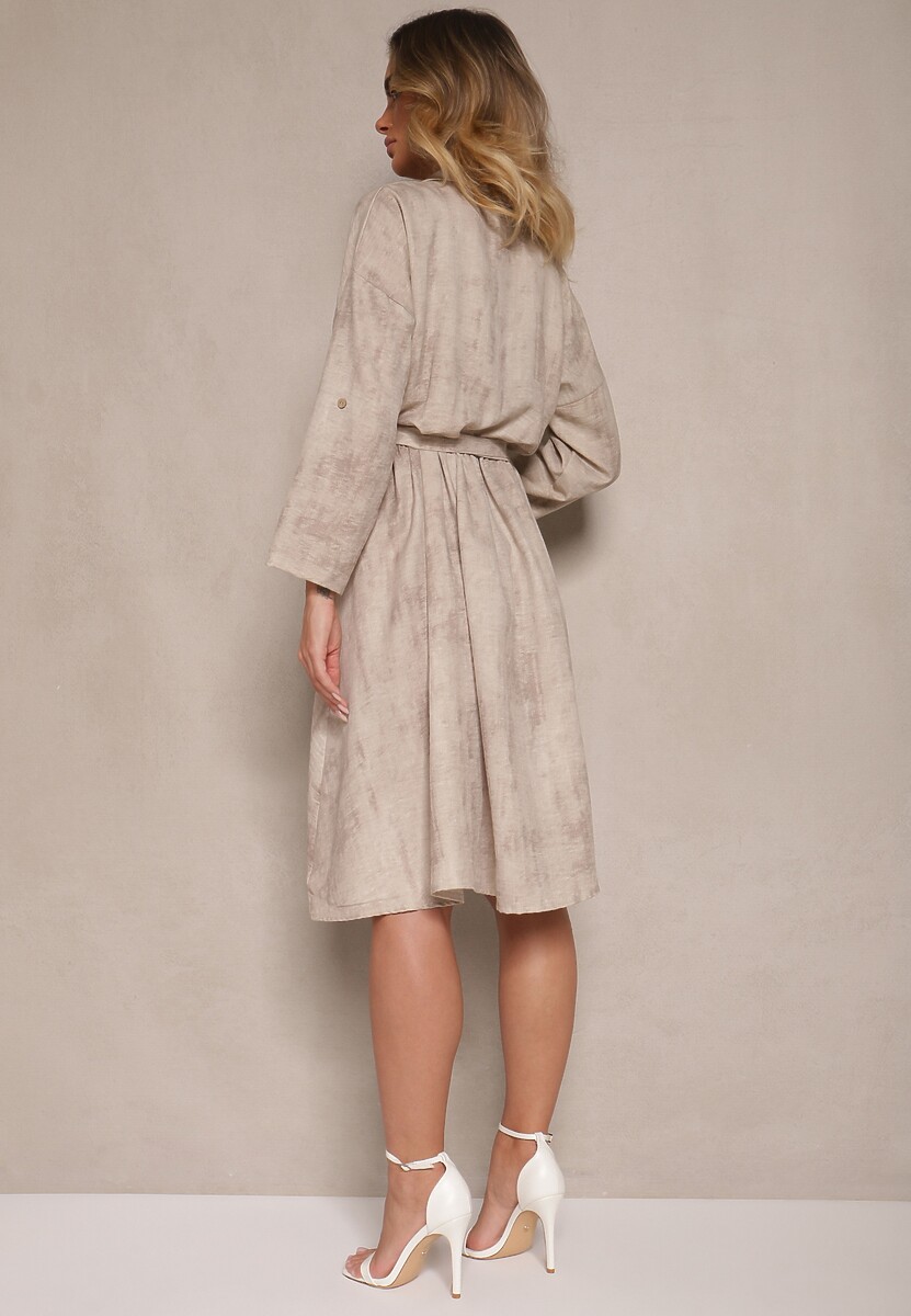 Beżowa Sukienka Koszulowa z Paskiem z Klamrą i Kieszonką Parmio
