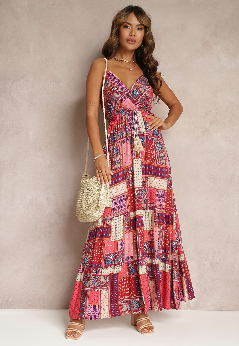 Zielona Wiskozowa Sukienka o Kopertowym Kroju w Print Patchwork Grehan