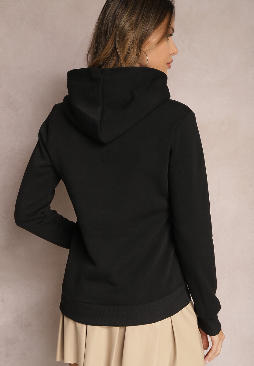 Czarna Bluza Kangurka Ocieplona Polarem z Ozdobnym Nadrukiem Elili