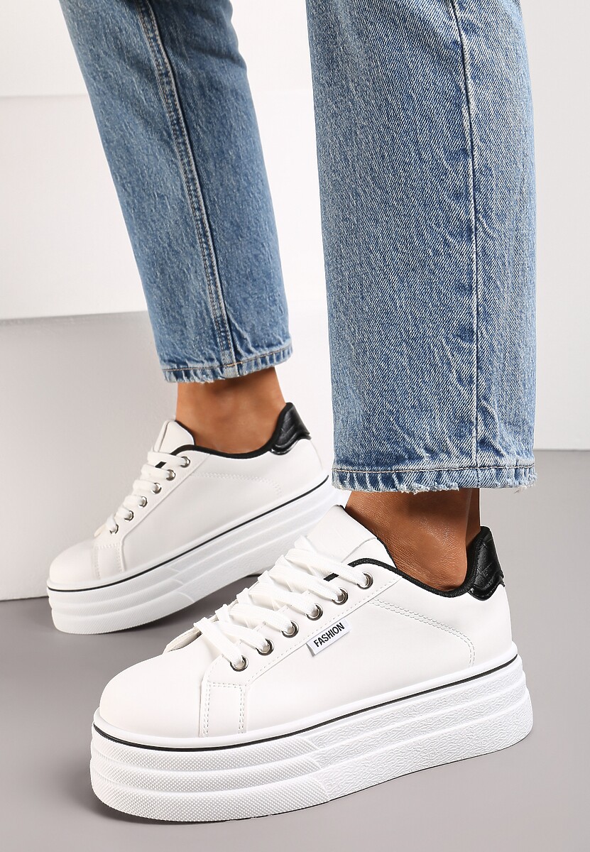 Biało-Czarne Sneakersy przed Kostkę na Grubej Podeszwie Kernia