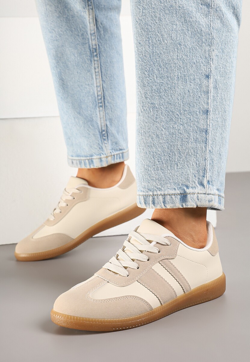 Ciemnobeżowe Sneakersy w Stylu Tenisówek z Paskami Danareth